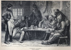 Opdaget Canada: Canadiske skovhuggere. Tegning af Maillard. Indgravering fra slutningen af det 19. århundrede i "La nouvelle France" af Eugene Guenin. af French School
