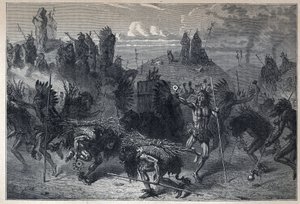 Opdagede Canada: bisonens dans i Mondanes. Indgravering fra slutningen af det 19. århundrede i "La nouvelle France" af Eugene Guenin. af French School