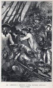 Opdaget fra Canada: Jacques Pierre de Taffanel de la Jonquiere (1685-1752) fransk flådeofficer i spidsen for det franske skib "" Le serieux"" gjorde modstand mod fem engelske skibe. Tegning af Sahib. Stik fra slutningen af 1800-tallet i “La nouvelle Fra af French School