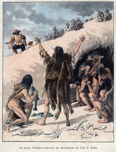 Opdaget fra Canada: Piloten Alexis Chedotel finder besætningen forladt af Troilus du Mesgouez kendt som Marquis de la Roche på sandøen i 1578. Indgravering fra slutningen af det 19. århundrede i "La nouvelle France" af Eugene Guenin. af French School