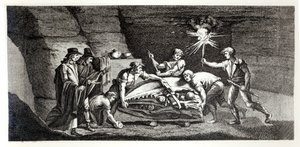 Opdagelse af knoglerne fra et forhistorisk dyr, illustration fra Histoire naturelle de la Montagne Saint-Pierre de Maastricht af Barthelemy Faujas de Saint Fond (1743-1819) 1799 af French School