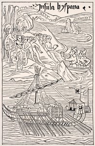 Opdagelsen af Santo Domingo, Insula Hyspana, af Christopher Columbus, Faksimile af en trægravering af Epistola Christoferi Colom, fra Videnskab og litteratur i middelalderen af Paul Lacroix pub. London 1878 af French School