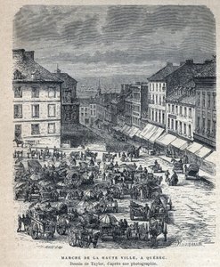 Disouverte du Canada: march fra den øvre by (Upper City eller Upper City) til Quebec. Tegning af Taylor ud fra et fotografi. Indgravering fra slutningen af det 19. århundrede i "La nouvelle France" af Eugene Guenin. af French School