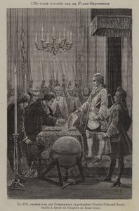 Forvrængning af historien af frimurerne: den formodede etablering af et kapitel af rosenkors af prætendenten Charles Edward Stuart i Arras i 1747 (gravering) af French School