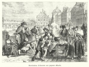 Uddeling af mad til sultende bønder (gravering) af French School