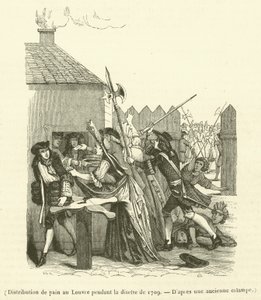 Uddeling af brød i Louvre under fødevaremanglen i 1709 (kobberstik) af French School