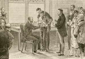 Doktor Pasteur undersøger dreng inficeret med rabies. 1800-tallet (gravering) af French School