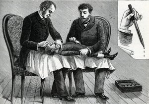 Læger undersøger et barns øjne og injicerer øjendråber (gravering) 1888 af French School