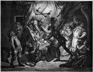 Don Quixote kæmper mod de dukker, han tror er maurere. Gravering af V. Beauce efter maleriet af Charles Antoine Coypel (1694 - 1752), der illustrerer romanen af Cervantes (1547-1616). I "" Le Magasin maleriske"" af French School