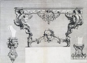 Dobbeltforgrenet lysestage med rokoko og klassiske elementer, fra en mønsterbog med neo-klassiske metaldesigns sammensat af Duhamel, ca. 1770