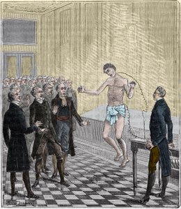 Dr. Andrew Ure udfører voltaiske eksperimenter på liget af den henrettede morder, Clydesdale, i 1818 - Erfaring af Andrew Ure (1778-1857) på et lig - Indgravering i "" Videnskaber sat for døren til alle - fysik og kemi"" af Alexis Clerc - Slut 19 af French School