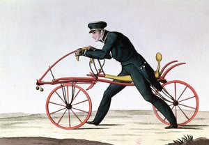 Draisienne, forfader til cyklen, opfundet 1816 af baron Karl von Drais (1785-1851), 1820 (farvegravering) af French School