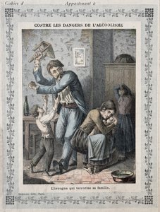 Drunkard terroriserer sin familie, forside til en skolebog. ca. 1900 af French School