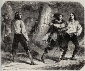 Duel har sværdet mellem Viscount of Cahuzac og markisen af Gesvres, hvis dronning af Frankrig Anne af Østrig er forelsket, i skoven i Vincennes. 17. århundrede. Indgravering fra 1871 i "Histoire Des Cocuses Celebres"" af Henry de Kock (1819-1892). af French School