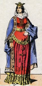 Karolingernes dynasti: Portræt af Bertrade eller Berthe af Laon kendt som Berthe au Grand Pied (720-783) dronning af francs hustru af Pepin le Brief (715-768). Epinal billeddannelse fra slutningen af det 19. århundrede. Privat samling. af French School