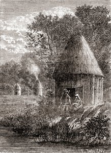 Tidlige galliske huse, en rund hytte med et hul i taget for at tillade røgen fra ilden at slippe ud, fra 