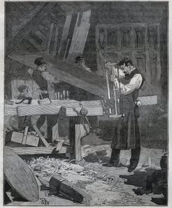 Ebenisterie: ebenist-arbejder, der deler en bestyrelse på det etablerede. Indgravering fra 1885 i "" Les arts et metiers illustres"" af Adolphe BITARD. af French School