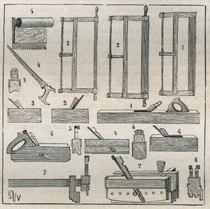 Ebenisterie: sædvanligt værktøj, save og høvling. Indgravering fra 1885 i "" Les arts et metiers illustres"" af Adolphe BITARD. af French School