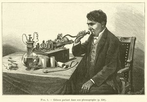 Edison taler ind i sin fonograf (gravering) af French School