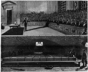 Eksperiment med elektrisk lys udført i 1813 af Humphry Davy (1778-1829), i hans kemikursus ved Royal Institution of London (England). Indgravering i "" La Nature. Revue des sciences et de ses applications aux arts et à l