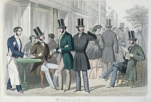 Elegante unge mænd på terrassen til en café, 1857 (farvegravering) af French School