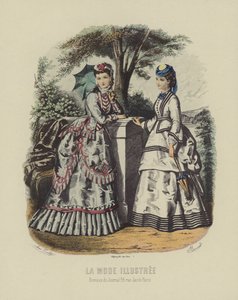 Elegante kvinder i tidstypisk kjole stående i haven af French School