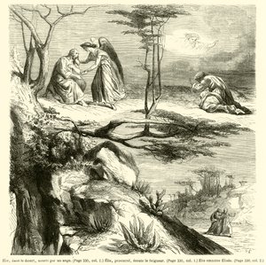 Elias, i ørkenen, fodret af en engel, Elias, lægger sig ned, lytter til Herren, Elias leder Elise (gravering) af French School