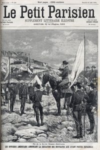 Afslutningen på den spansk-amerikanske krig (American Hispano) i 1898. Amerikanske officerer annoncerer ophør af fjendtligheder ved de spanske forposter. Indgravering i "" Le petit parisien"" fra 1898. af French School