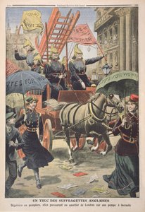 Engelske suffragetter klædt som brandmænd, fra Le Petit Journal, 3. april 1910