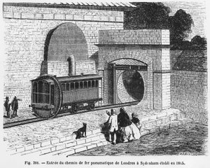 Indgang til den pneumatiske jernbane fra London til Sydenham, etableret i 1865 - i "The Wonders of Science", af L. Figuier. ¿ af French School