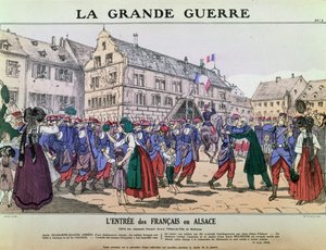 Den franske hærs indtog i Mulhouse, Alsace, 9. august 1914 (farve litho) af French School