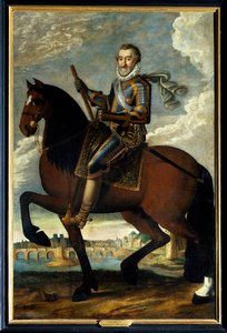 Rideportræt af Henrik IV (1553-1610) konge af Frankrig foran Pont Neuf i Paris. Anonymt maleri fra det 17. århundrede. Olie på lærred. Obligatorisk omtale: Sully sur Loire, Chateau de Sully af French School