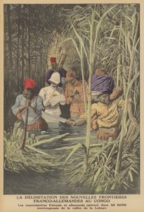Etablering af grænsen mellem franske og tyske territorier i Congo (farve litho) af French School