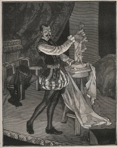 Etienne Marin Melingue (1808-1875), fransk skuespiller, der spiller billedhugger Benvenuto Cellini i Alexandre Dumas peres "Ascanio", tilpasset til scenen af Paul Meurice. Indgravering fra 1880 i "" Les arts et metiers illustres"" af Adolphe BITARD. af French School