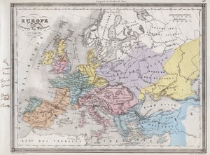 Europa efter invasionen af barbarerne i det 6. århundrede - Plade udtrukket fra "" Universal Atlas of Ancient and Modern Geography for the Use of Residential Schools"" af Vuillemin - omkring 1845 af French School