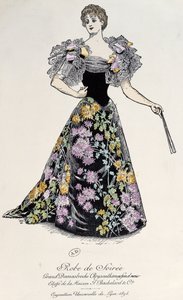 Aftenkjole i damask med krysantemumbrokade på sort baggrund, 1894 af French School