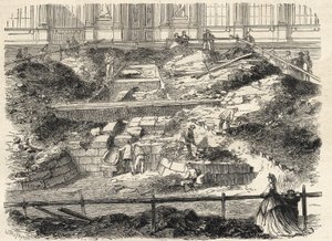 Udgravninger i Cour Carree du Louvre - Opdagelse af fundamentet af Philippe Augustes tidligere tårn - Udgravninger udført i Louvres gårdhave - opdatering af fundamentet til det tidligere Tour Philippe-Auguste - Indgravering i "Le monde i af French School