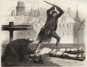 Henrettelse (Le torice de la roue) af forgiftningsmanden Antoine-Francois (Antoine Francois) Desrues (1744-1777) på Place des Greves i Paris i 1777 - Straf af Desrues, knækket på hjulet på Place de Greve i Paris af French School