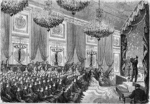 Fysiske eksperimenter udført af Henri Robin (ca. 1803-1874) til ære for de bedste elever fra Lycees de Paris, et show tilbudt af Prince Imperial på Tuileries Palace, 27. januar 1865. Til stede: Prince Imperial, søn af N af French School
