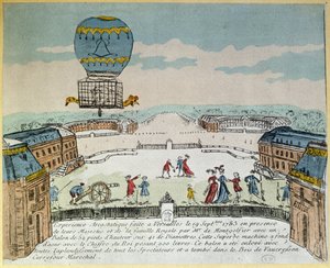 Eksperimenter i Versailles af Montgolfier-brødrene med flyvningen i en Montgolfiere-luftballon af en hane, en and og et får den 19. september 1783 af French School
