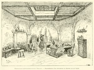 Retrospektiv udstilling af Labour, rekonstruktion af et kemikers laboratorium i det 17. århundrede (gravering) af French School