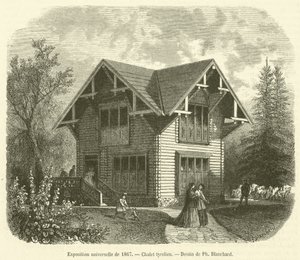 Verdensudstilling fra 1867, tyrolerhytte (gravering) af French School