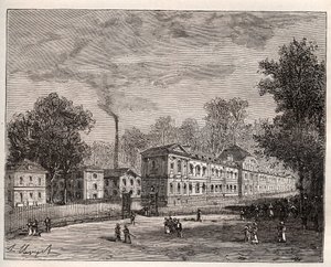Udvendigt billede af Imperiale Porcelænsfabrik i Sevres, bygget i parken Saint Cloud efter arkitekten Laudins planer - indgravering i "Frankrig illustree: geografi, historie, statistisk administration" af V.-A. Malt-brun. 1884 af French School