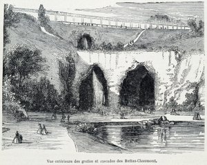 Udvendig udsigt over kaskaderne og hulerne i Buttes Chaumont, gravering fra det 19. århundrede af French School