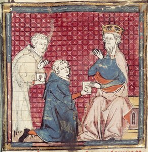 F.117r Budbringere, der fortæller Karl den Store om sejren over saracenerne, fra Grandes Chroniques de France, 1375-79 af French School