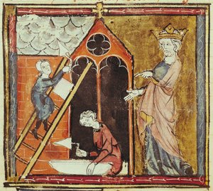 F.235v Kong Ludvig VI (1080-1137) Ser opførelsen af en kirke, fra Grandes Chroniques de France 1375-79 af French School