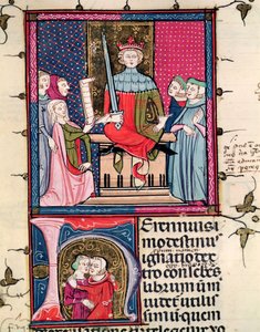 F.39r Ægteskabslov, en utro kone, der møder i retten, fra Justiniani i Fortiatum af French School