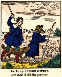 Fables de La Fontaine: ulven blev hyrde. Billede af Epinal, første halvdel af det 19. århundrede. af French School