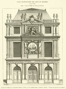 Facade af Maison des Marchands Clothiers, i Paris, i det syttende århundrede (gravering) af French School