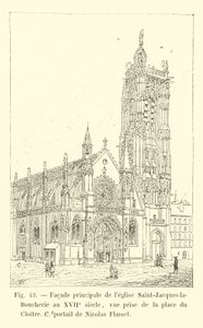 Hovedfacade af Saint-Jacques-la-Boucherie kirken i det 17. århundrede, udsigt taget fra Place du Cloitre, portal af Nicolas Flamel af French School